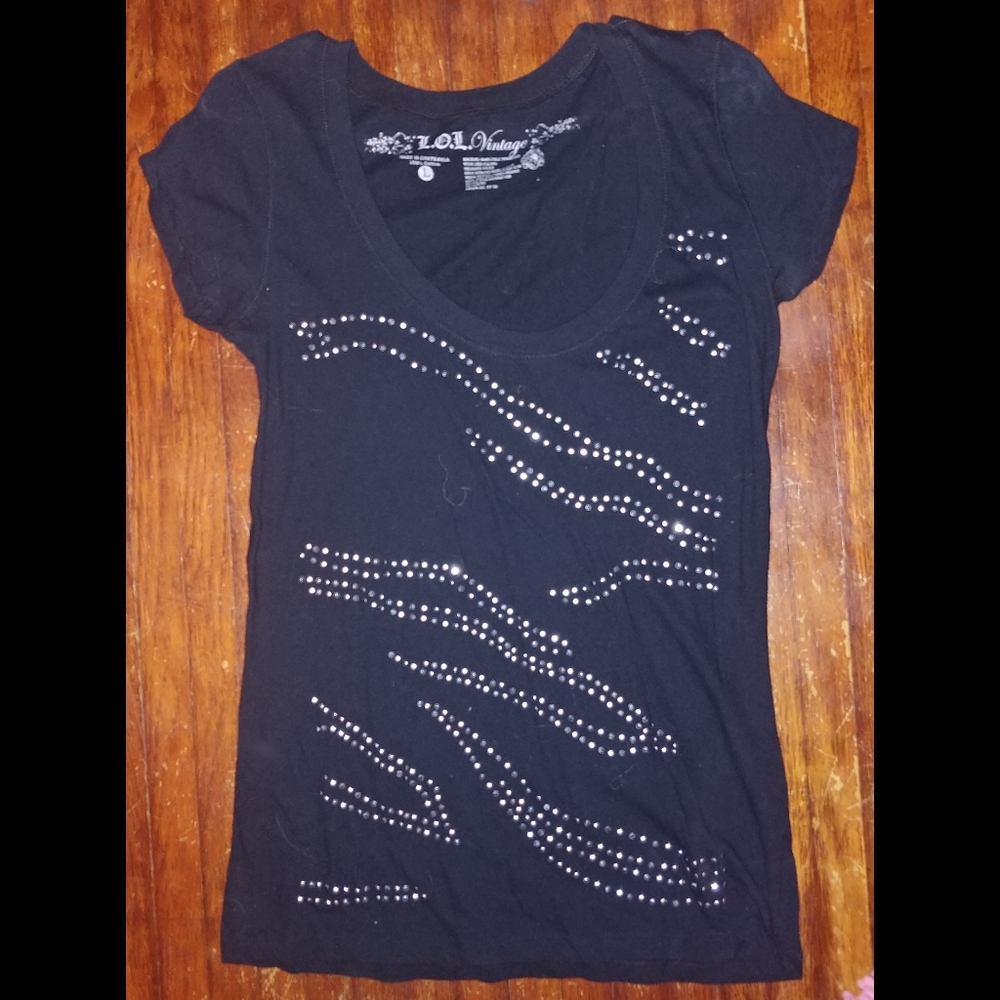 L.O.L. VINTAGE black silver bedazzled zebra top